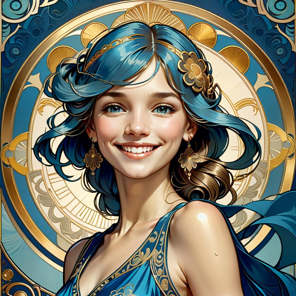 Art Nouveau Woman in Blue and Gold Gown