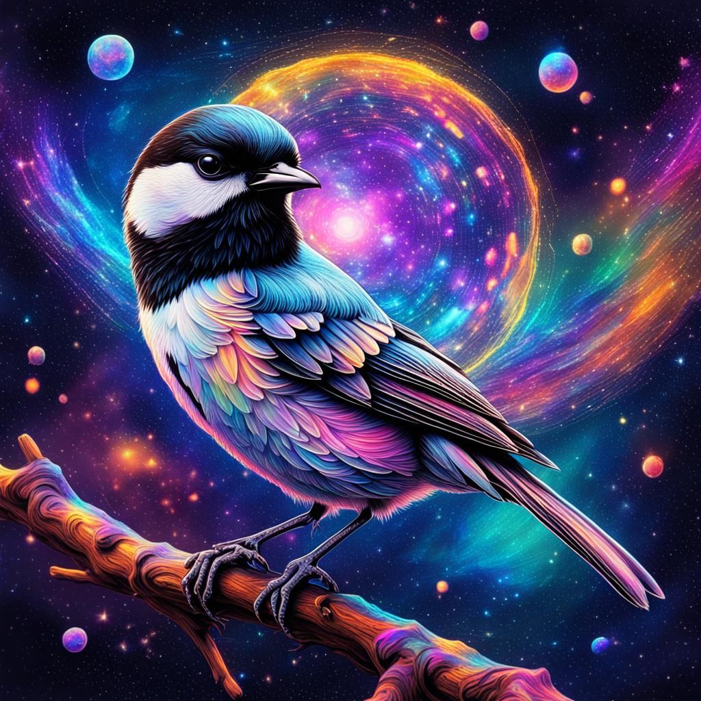 Cosmic Chickadee: Holographic Astral Illustration