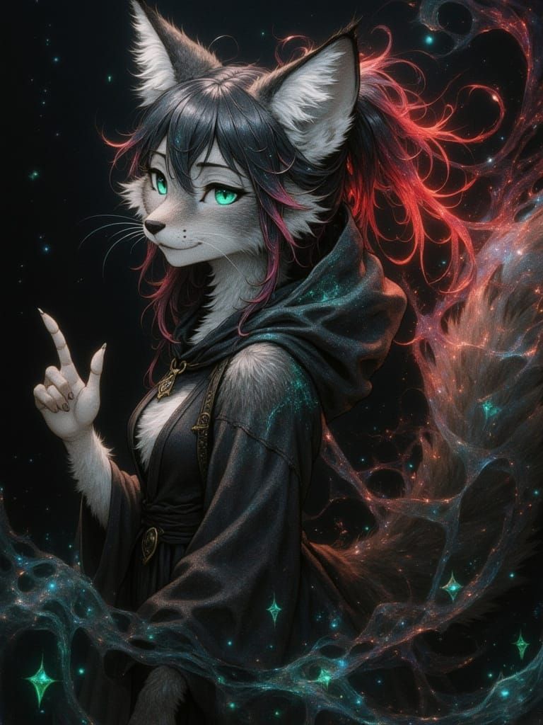 Airbrushed Fantasy Lynx Witch with Turquoise Gaze