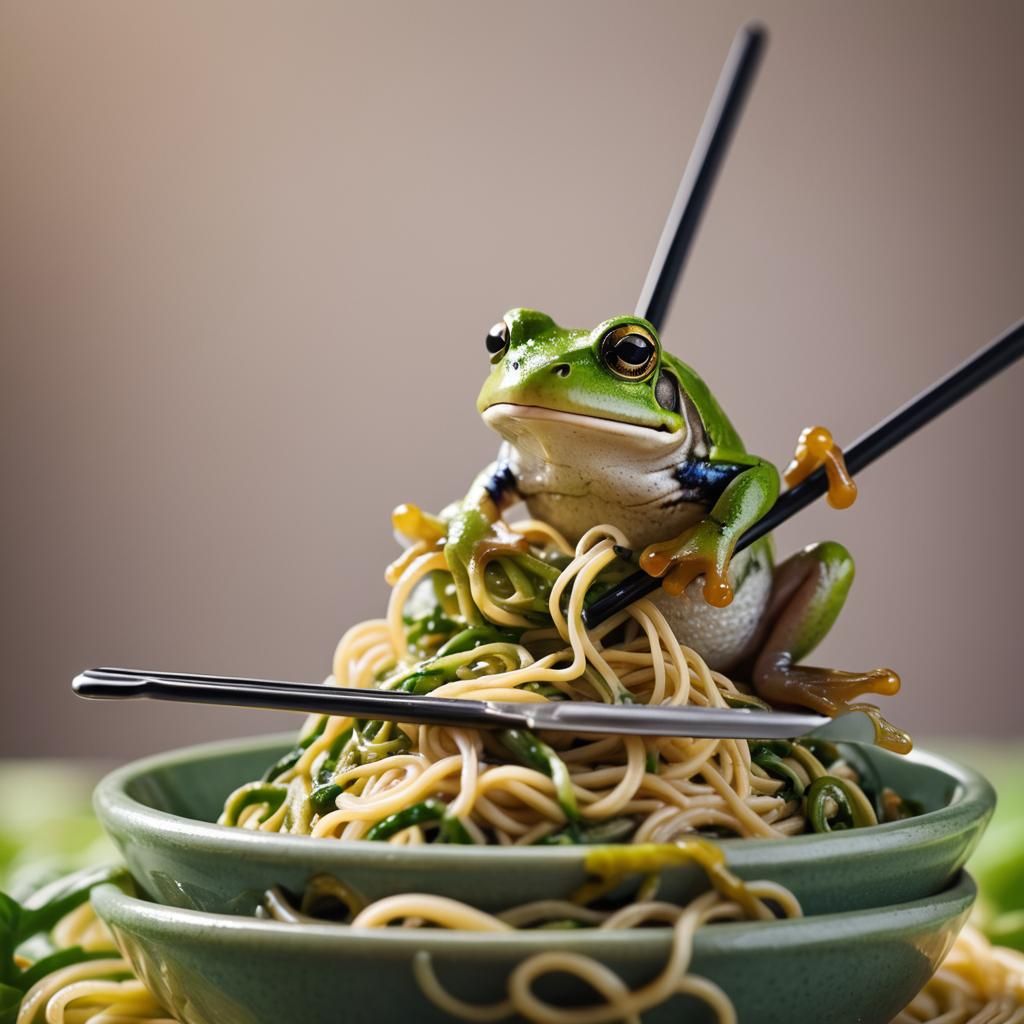 Green Frog Eating Noodles in Macro Photography