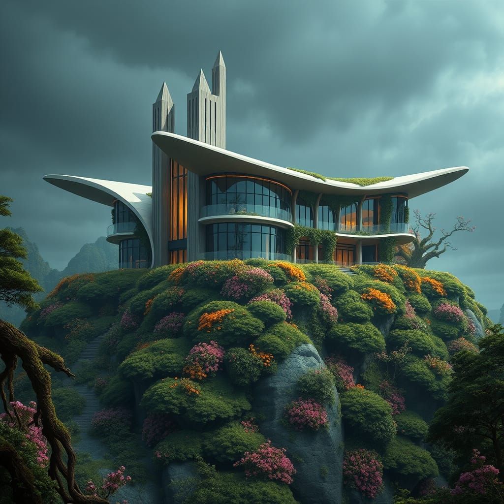 Surreal Modern Mansion Enveloped by Overgrown Nature in Rich...