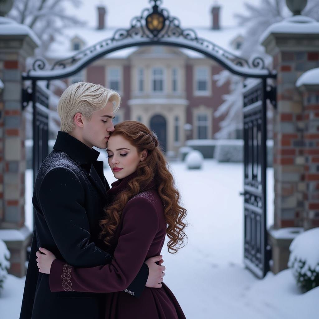 Romantic Embrace in Snowy Garden, Anime Style