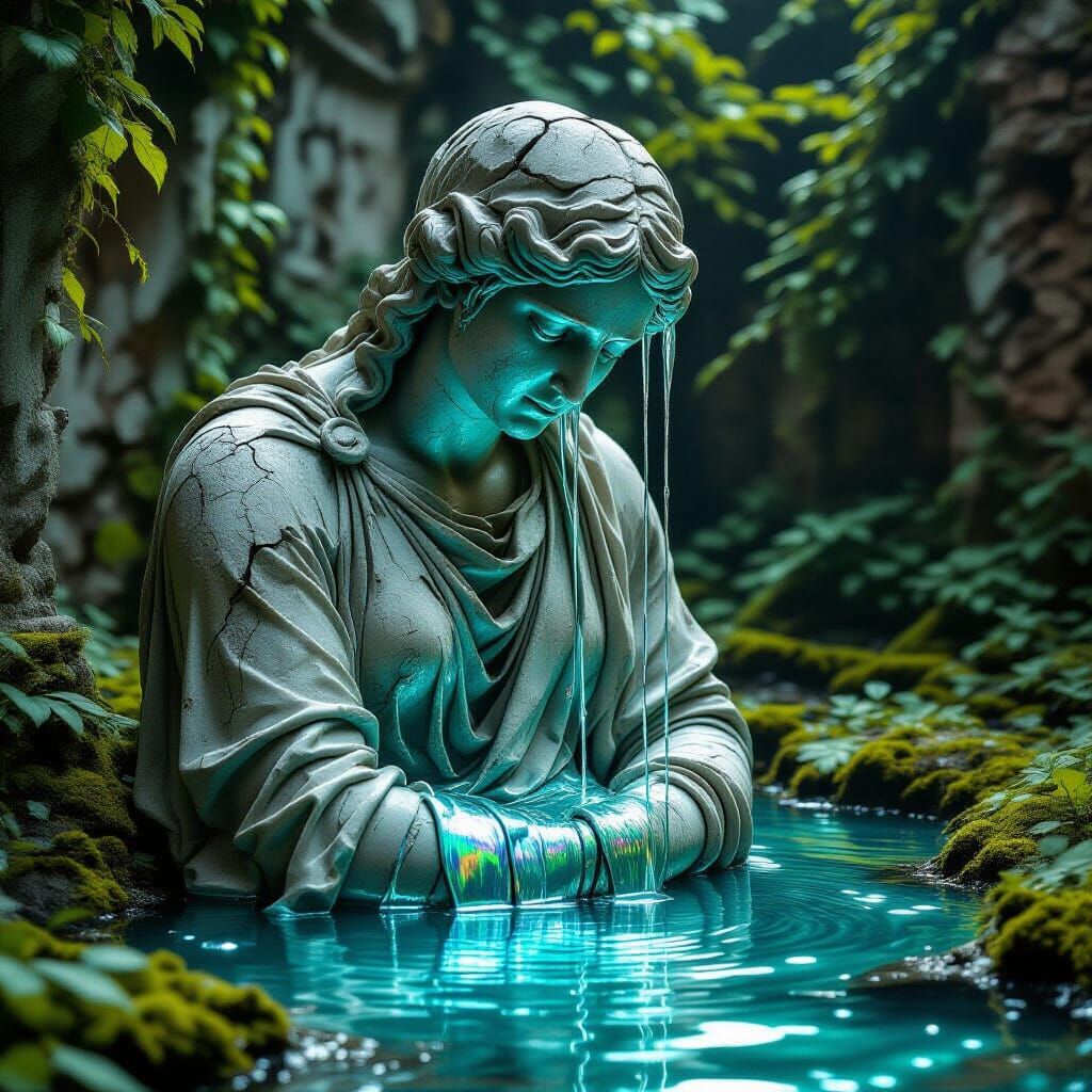 Weeping Mercury Statue in Overgrown Garden