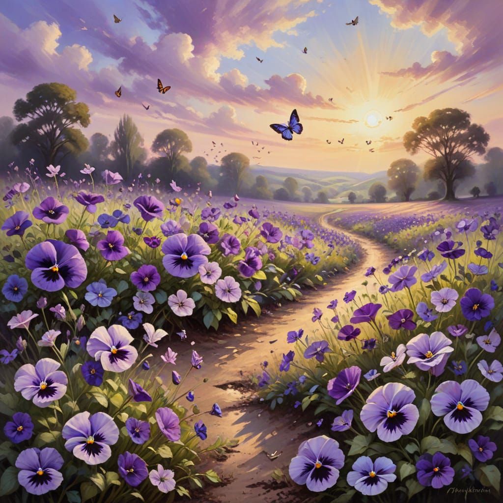 Purple Pansies and Butterflies in Impressionist Oil Painting
