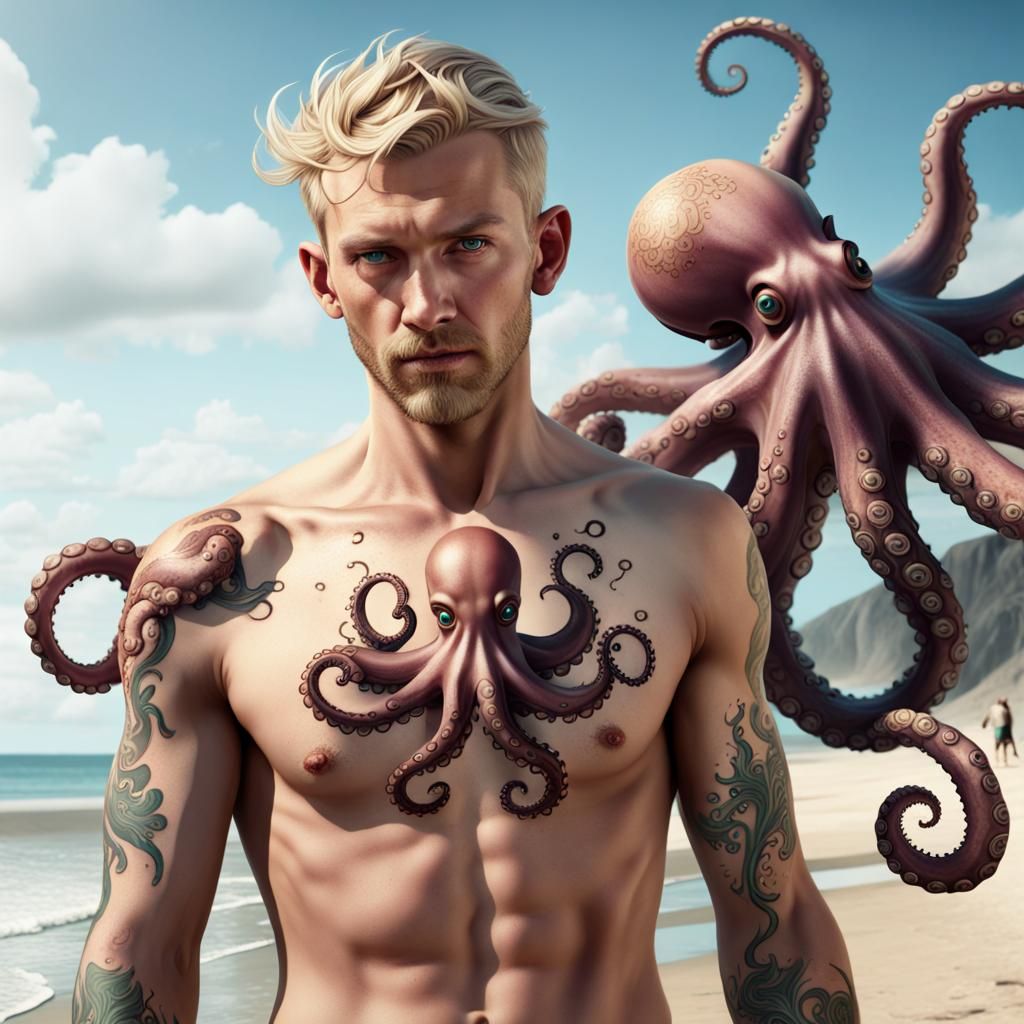 Tanned Man with Octopus Tattoo: Digital Beach Art