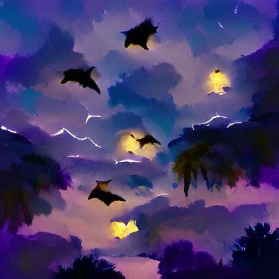 Bright Stormy Night Scene with Bats