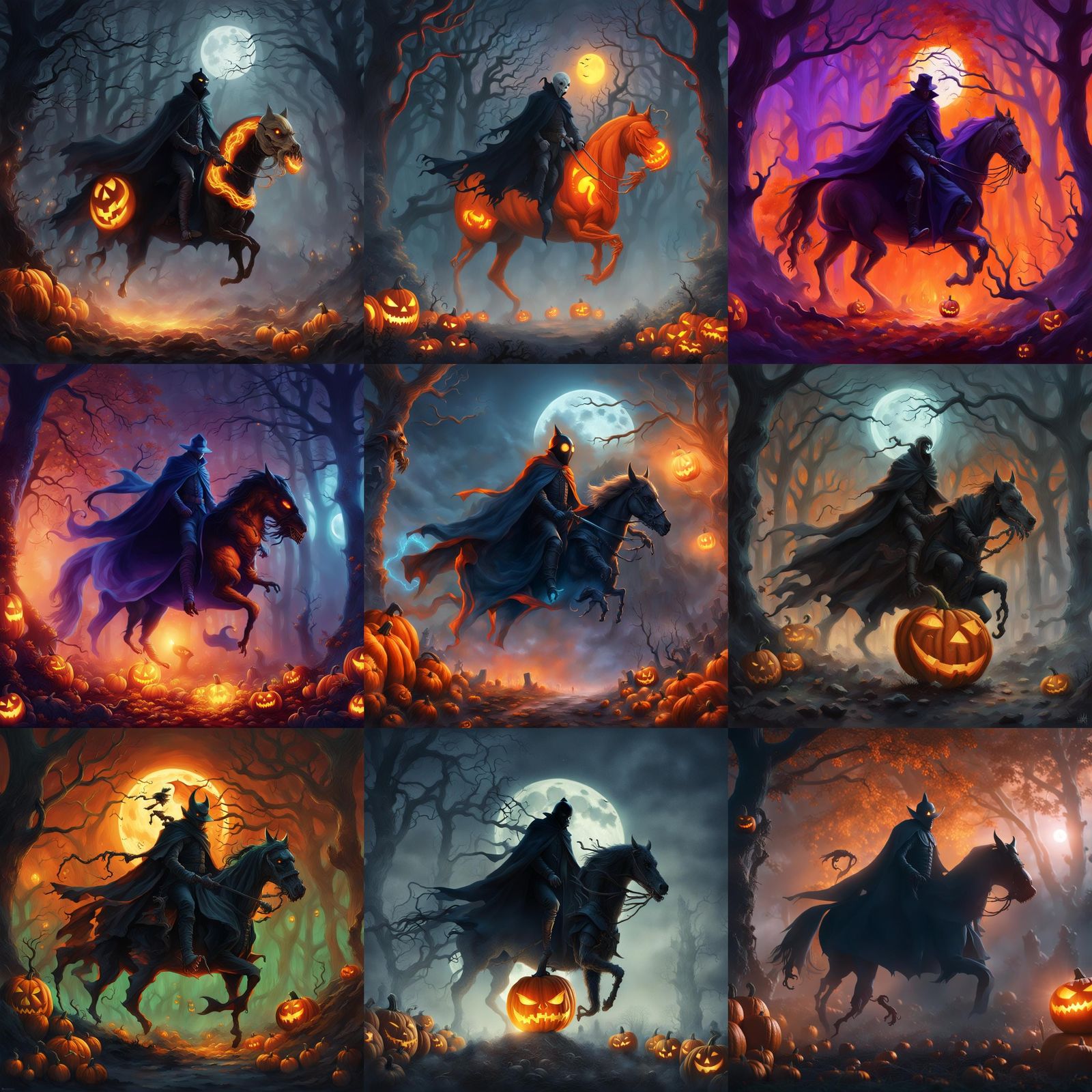 Headless Horseman Dances with Pumpkin Man: Fantasy Art
