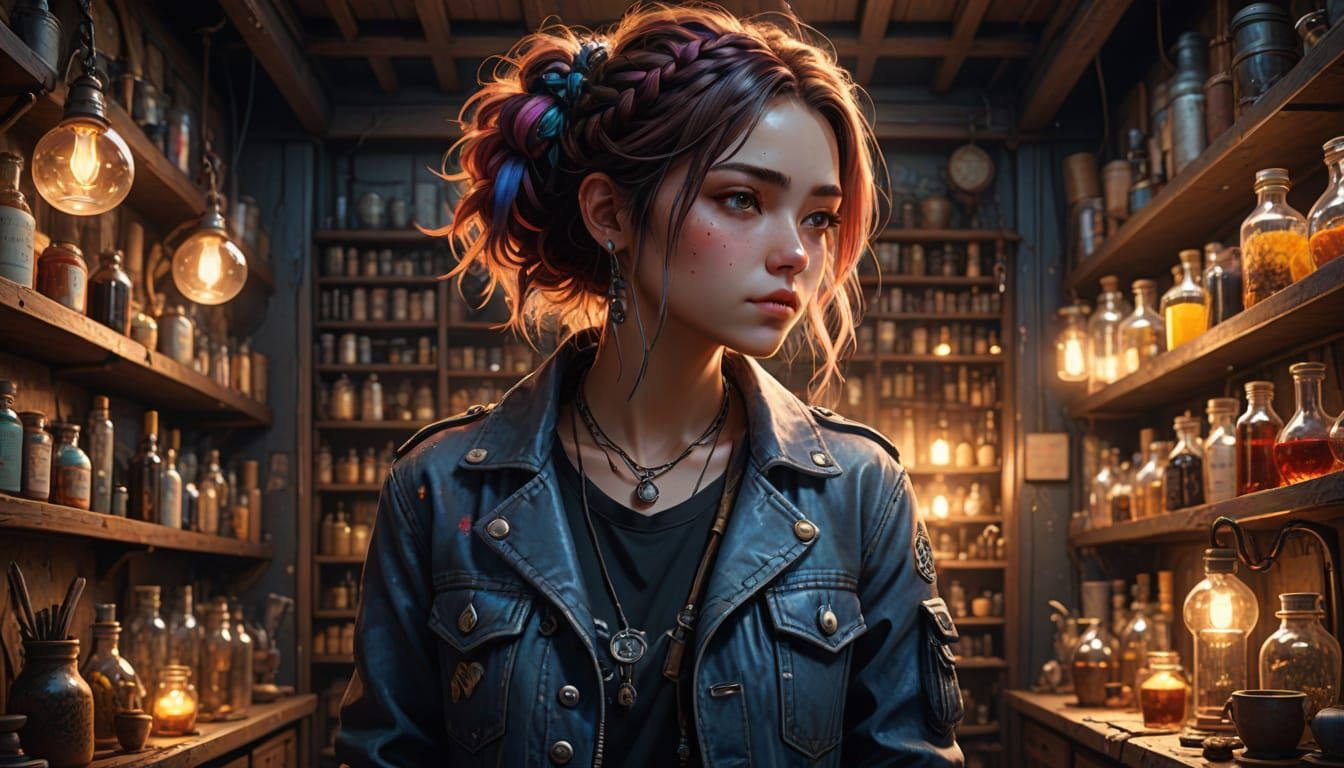 Punk Girl in Apothecary: Bohemian Whimsy Digital Art