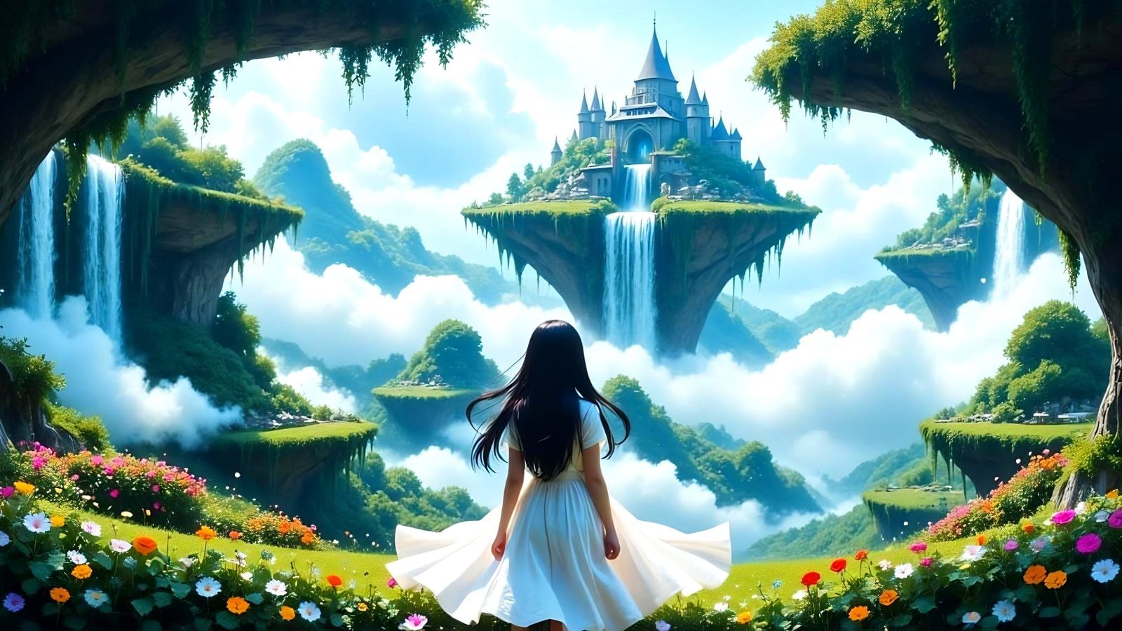 Magical Floating Garden with Serene Girl in Anime Style