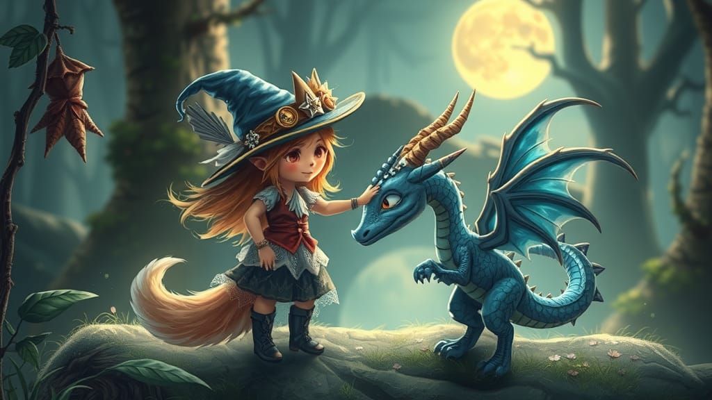 Chibi Fox-Fairy Dances with Blue Dragon Steampunk Gothic