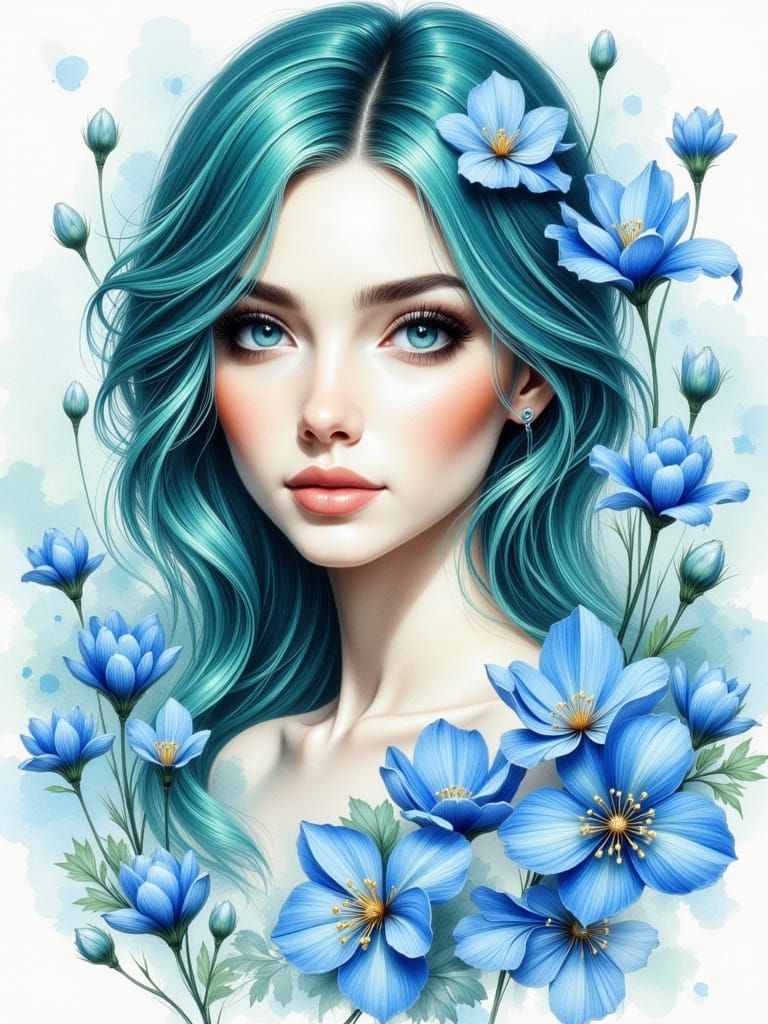Beautiful Woman Portrait with Teal Hair and Blue Eyes