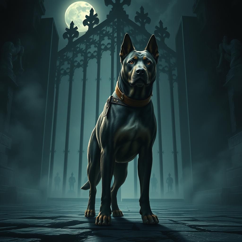 A powerful yet restrained image of a guard dog, strong and muscular, but with a sense of lost purpose or frustration. Th...