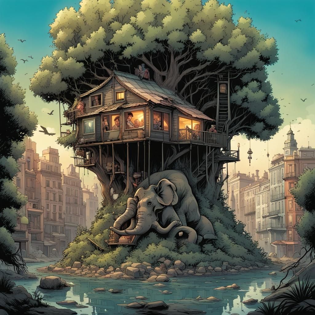 Surreal Madrid Treehouse with Elephant in Comic Art Style