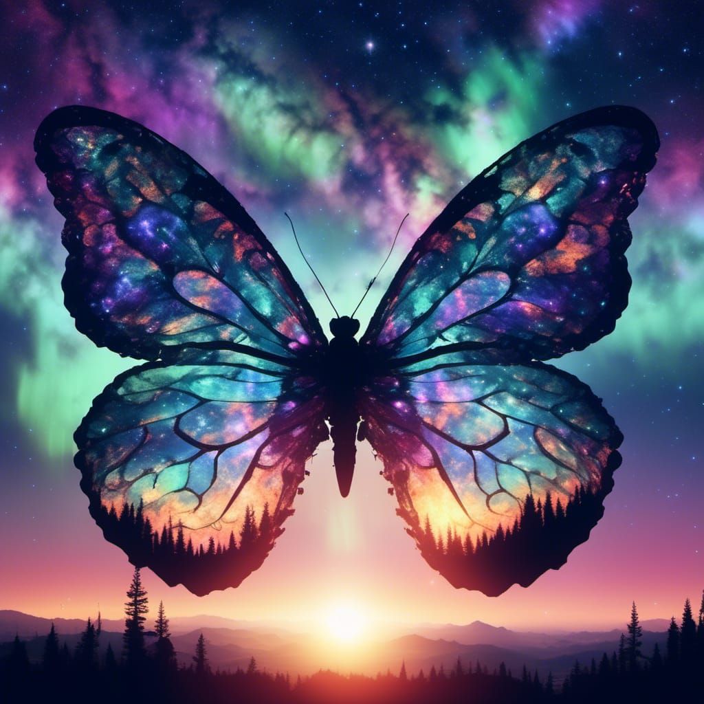 Biopunk Butterfly with Aurora Sunset in 3D