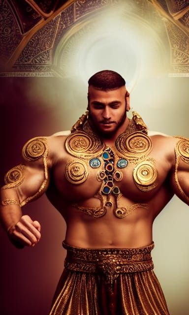 Muscular Genie Emerges from Lamp: Cinematic Digital Art