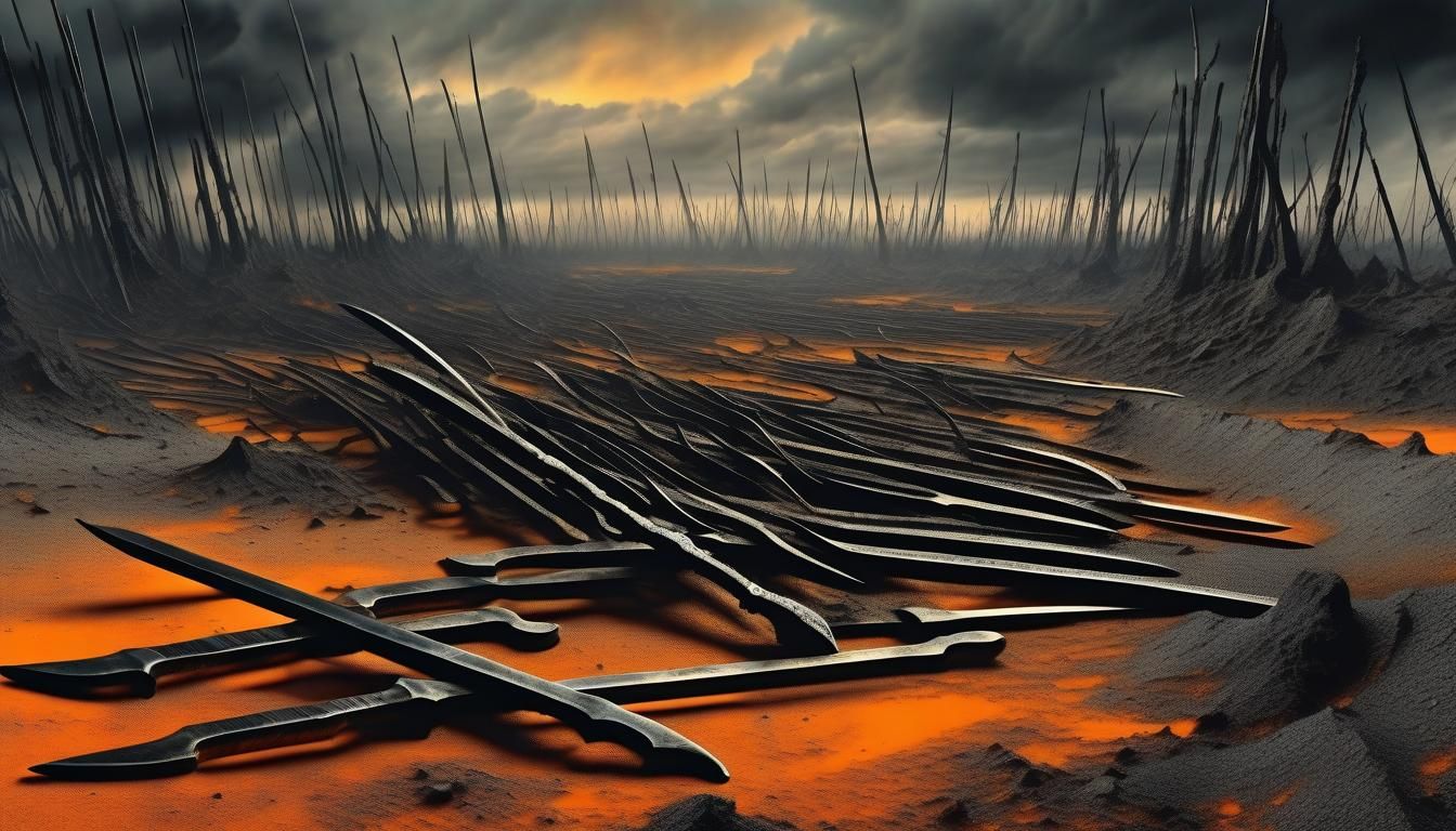 Surreal Black Swords in Desolate Landscape