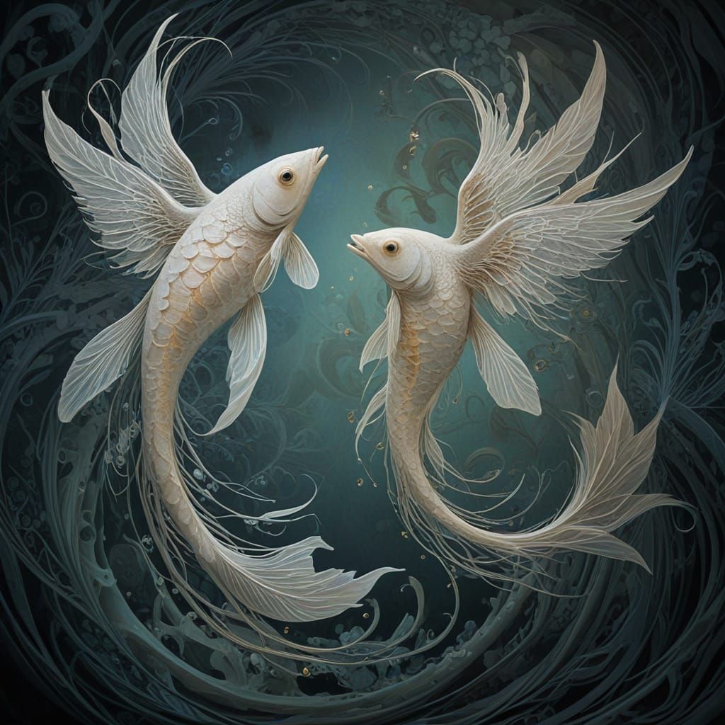 Surreal Pisces Zodiac Sign in Swirling Water with Birds of P...