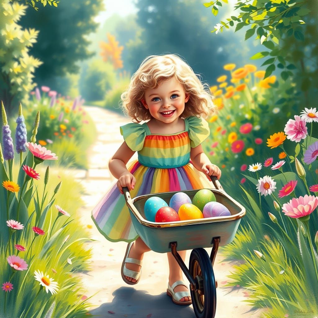 Impressionist European Girl Plays in Garden