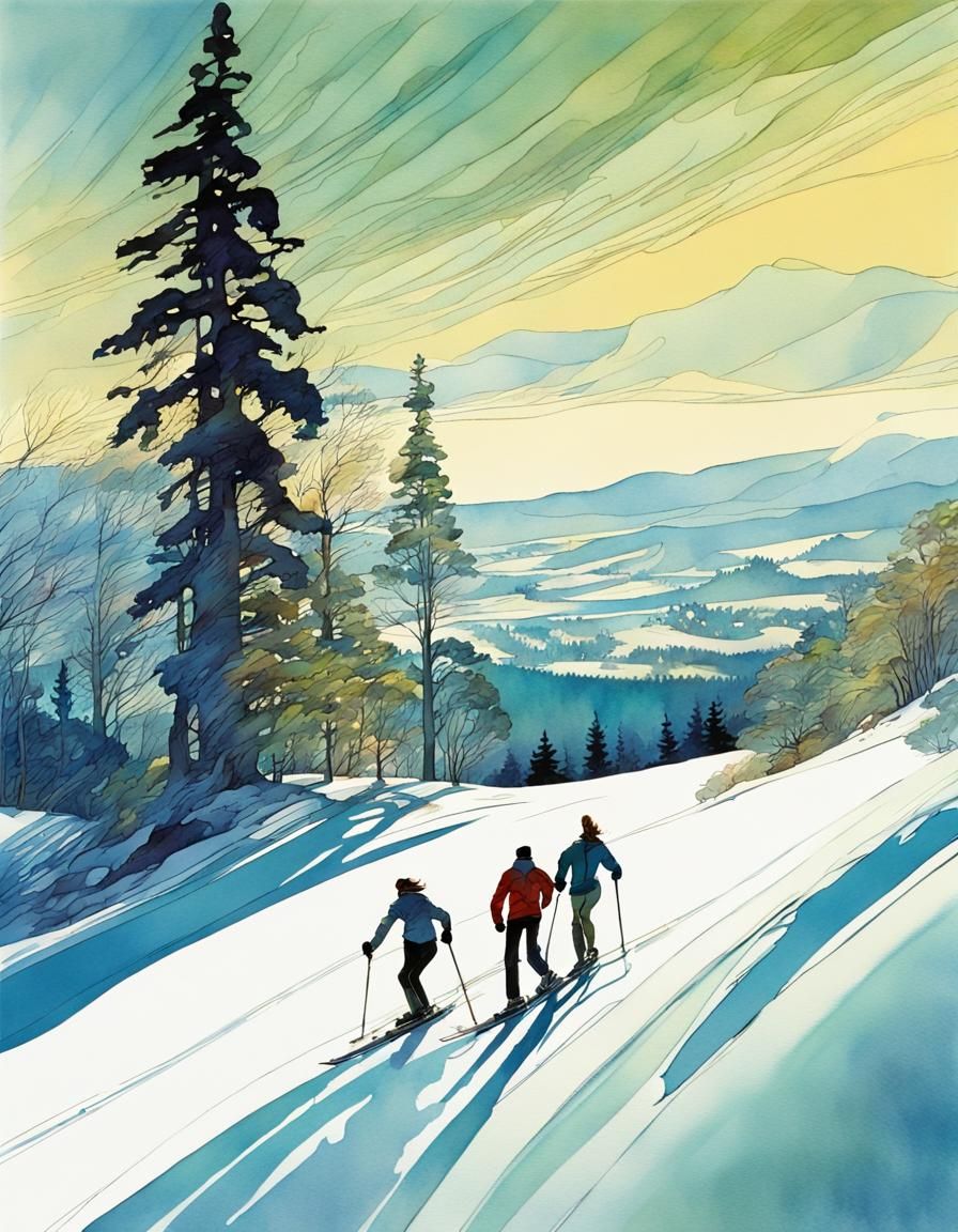 Couple Skiing: Digital Watercolor Masterpiece