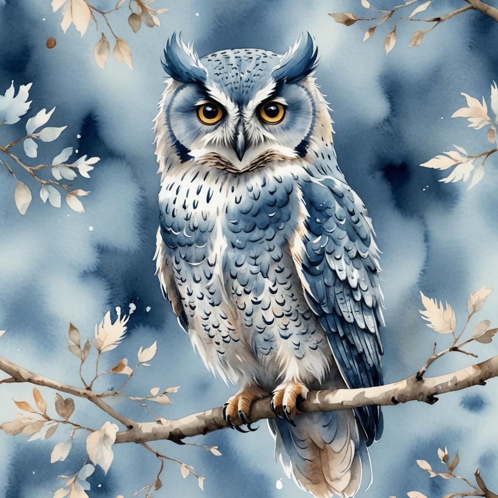Cute Blue Owl Watercolor Illustration on Branch