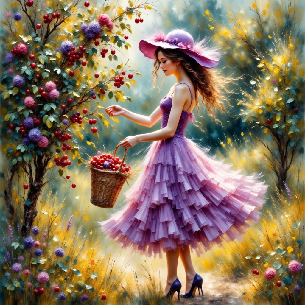 Woman Picking Cherries in Impressionist Style