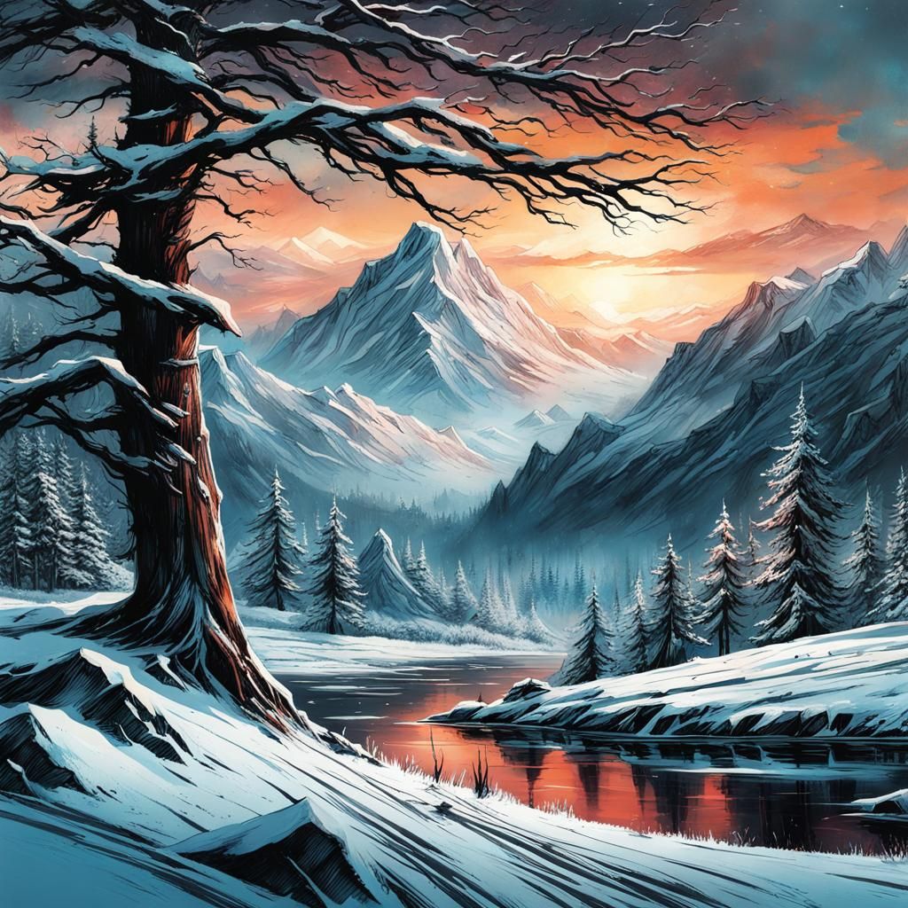 Winter Mountain Landscape in Surreal Collage Art Style
