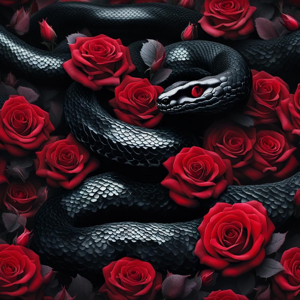 Black Snake in Blood Red Roses, Surrealist Photography