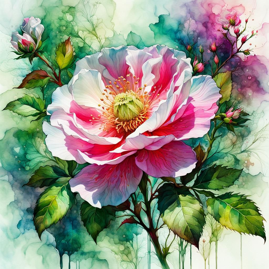 Fantasy Wild Rose Double Exposure in Watercolor Style