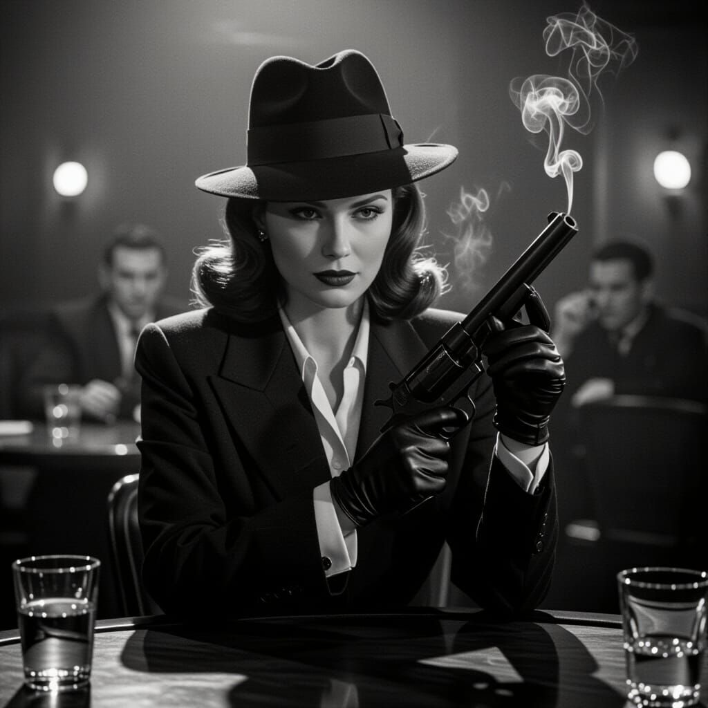 Femme Fatale with Smoking Pistol in Noir Jazz Club