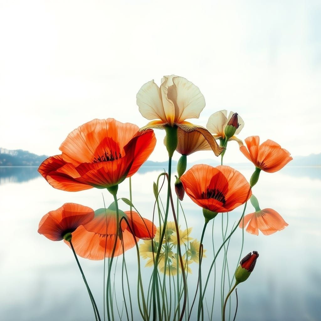 Surreal Stained Glass Poppies in a Lake Landscape