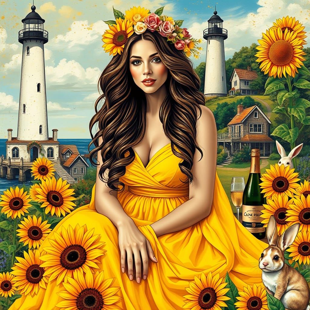 Woman Among Sunflowers in Vibrant, Mixed Media Art