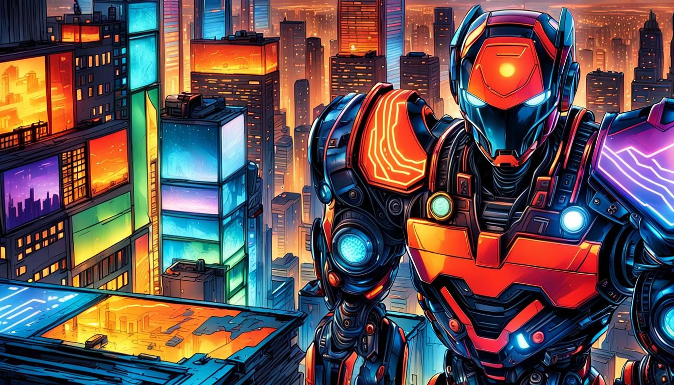 Futuristic Robot Stands at Cliff's Edge, Gazing Out at a Hyp...