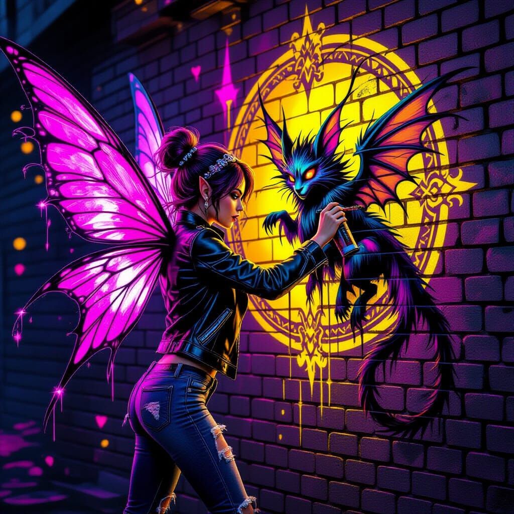 Fairy Graffiti Artist in Dark Fantasy Style
