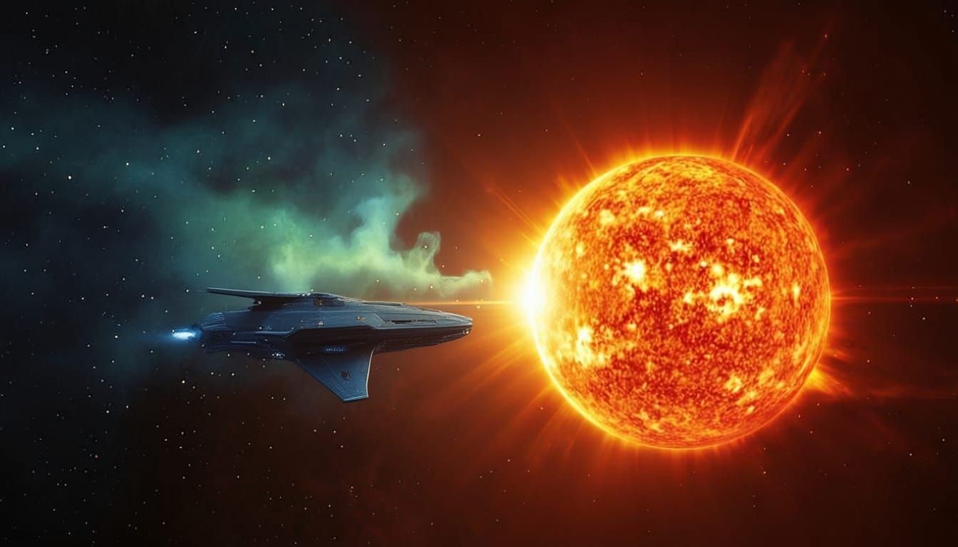 Cylindrical Spacecraft Soaring Past a Fiery Sun