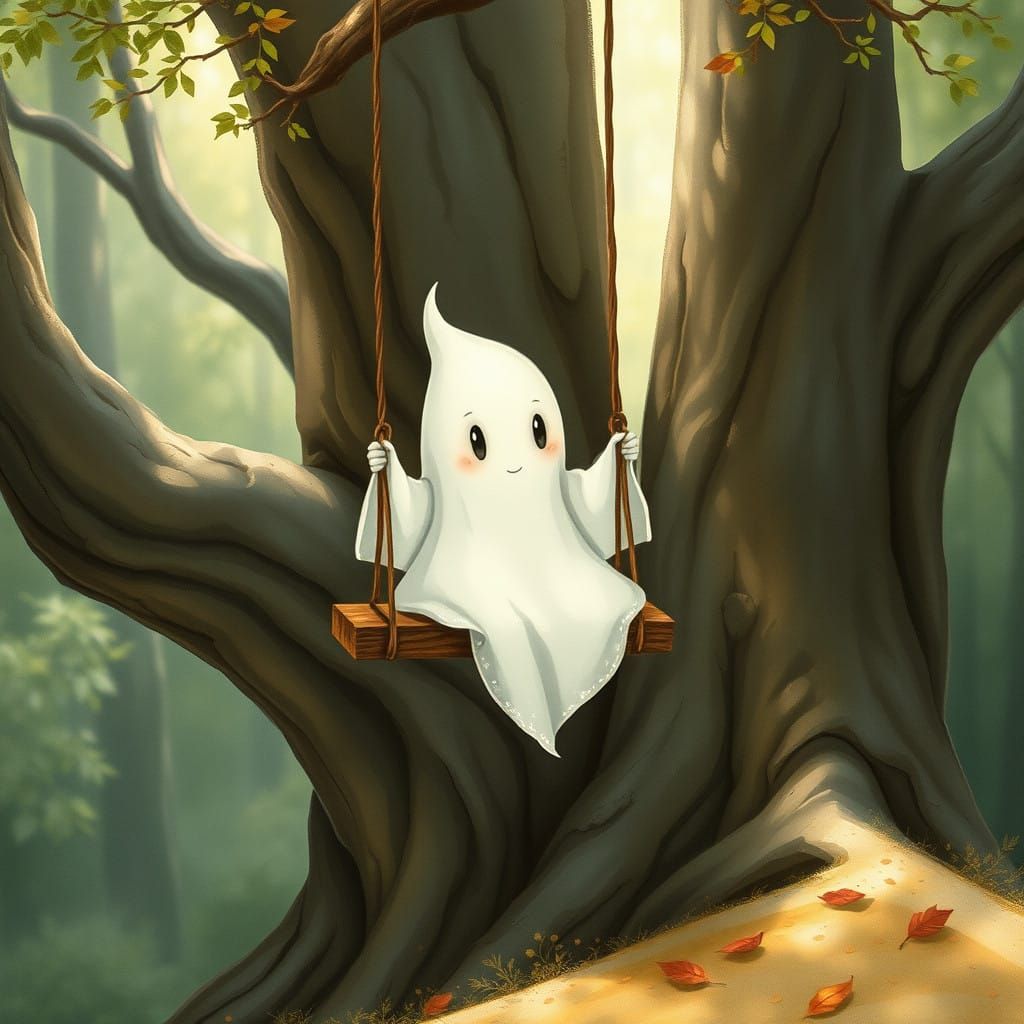 Whimsical Ghost Sits on Ancient Tree Swing