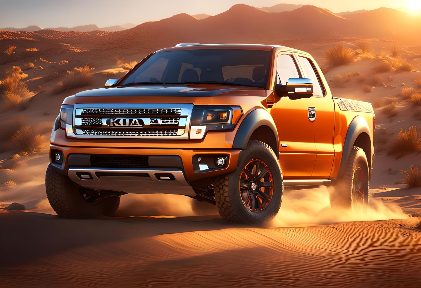Orange 2013 Kia F-150 on Desert Trail, 3D Render