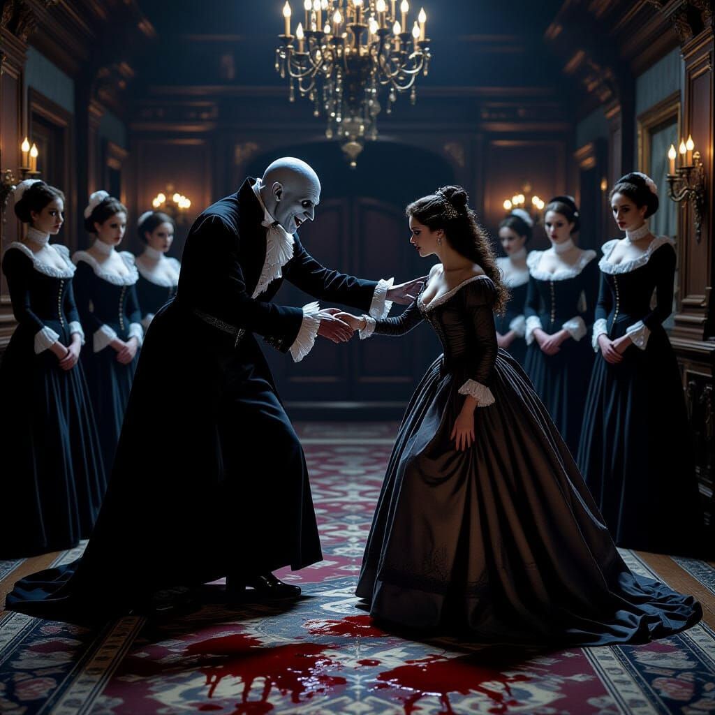 Nosferatu Attacks Woman in Opulent Room with Servants