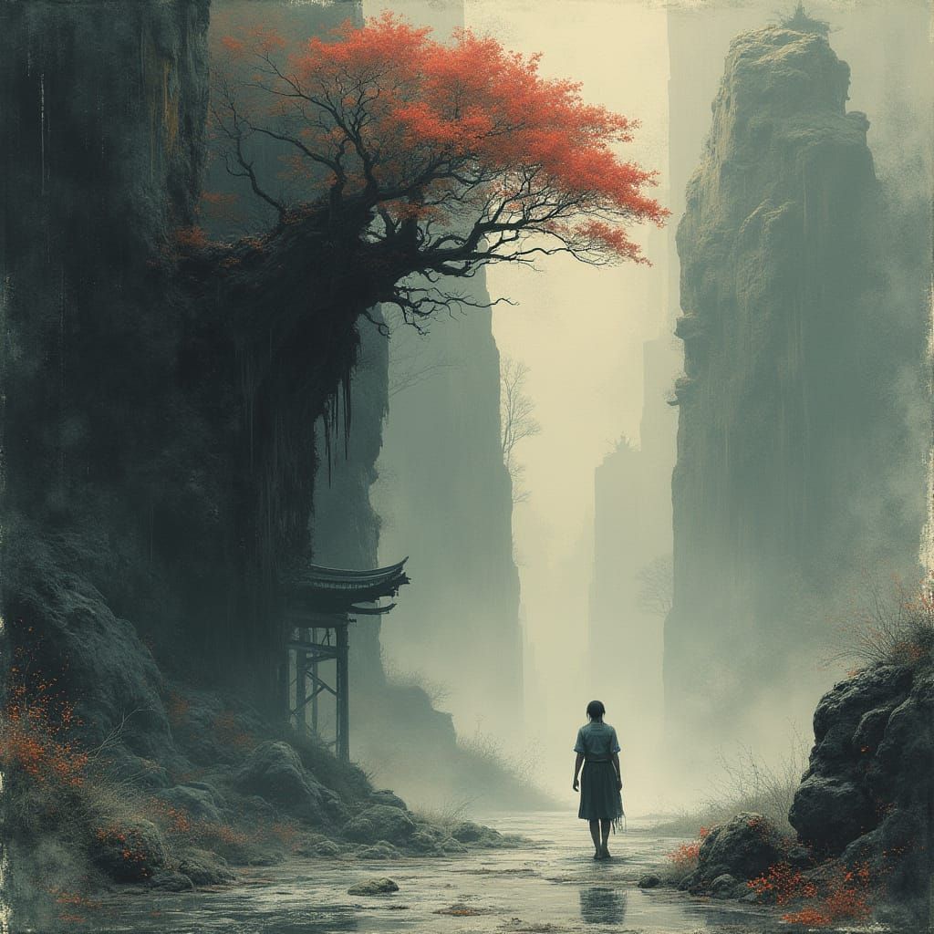 Cyberpunk Scene in Chinese Ink Wash Style