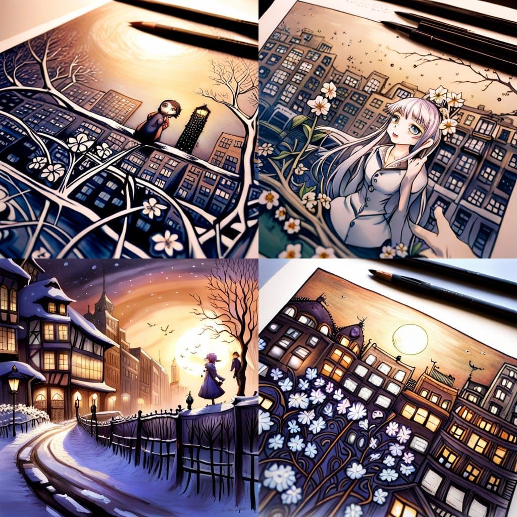 Snowy Winter City Night with Violets in Anime Style
