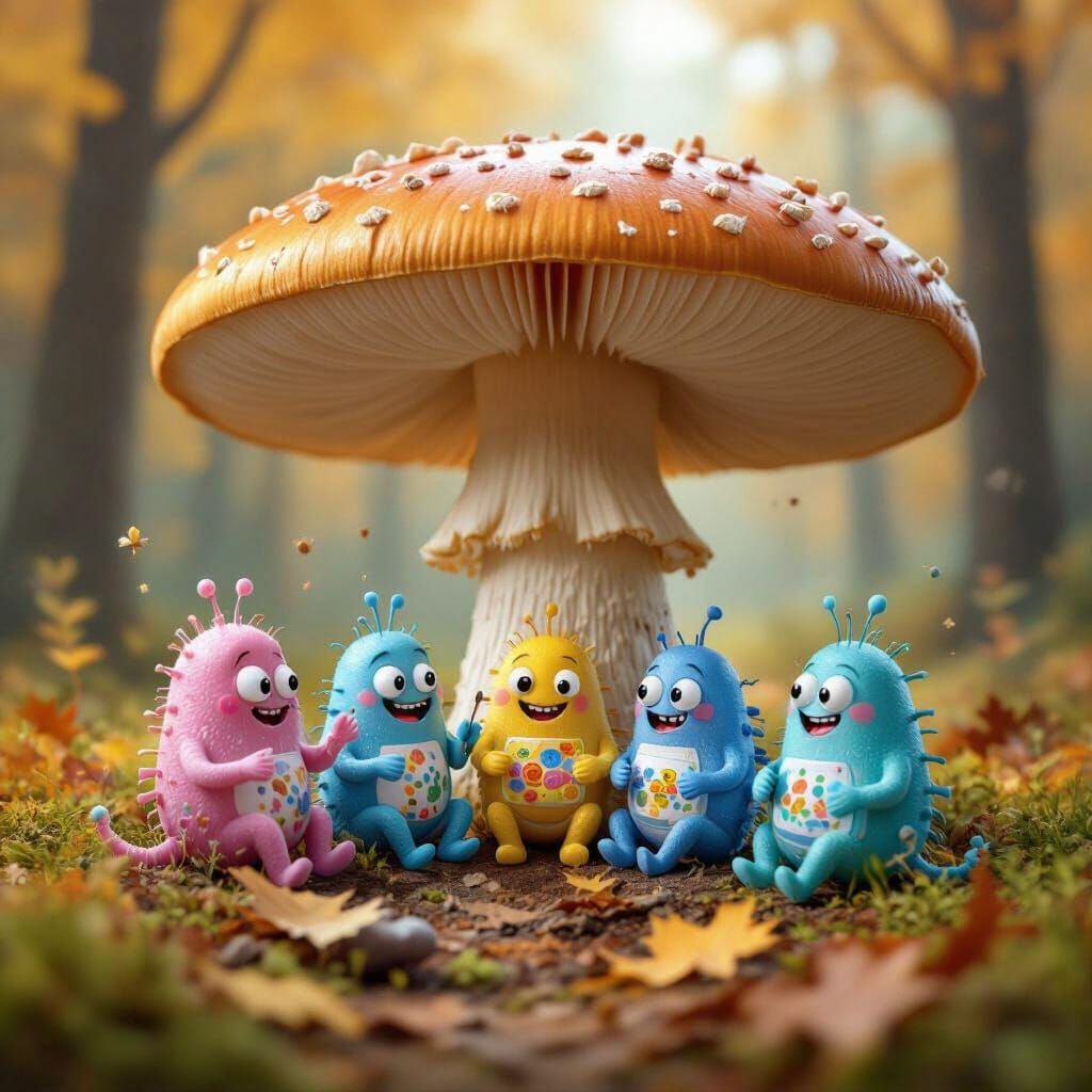 Cheerful Microbes Painting in Autumn Forest