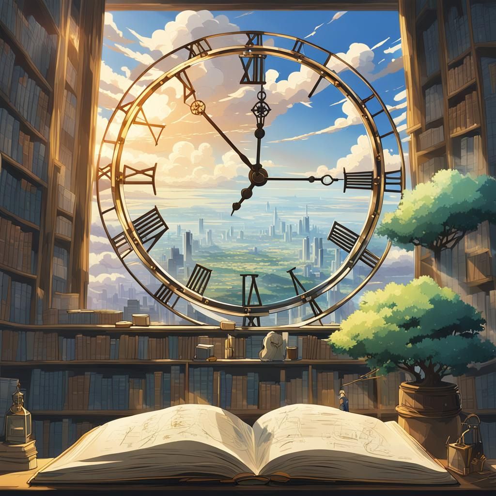 Crystal Clock Above City, Studio Ghibli Style