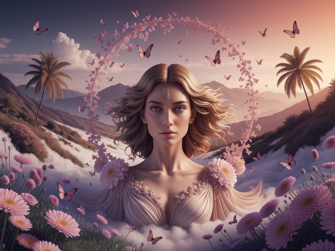 Ethereal Goddess in Vibrant Surrealist Landscape
