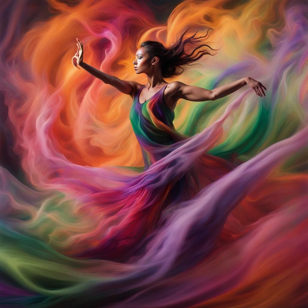 Woman Dancing in Multicolored Smoke, Digital Painting