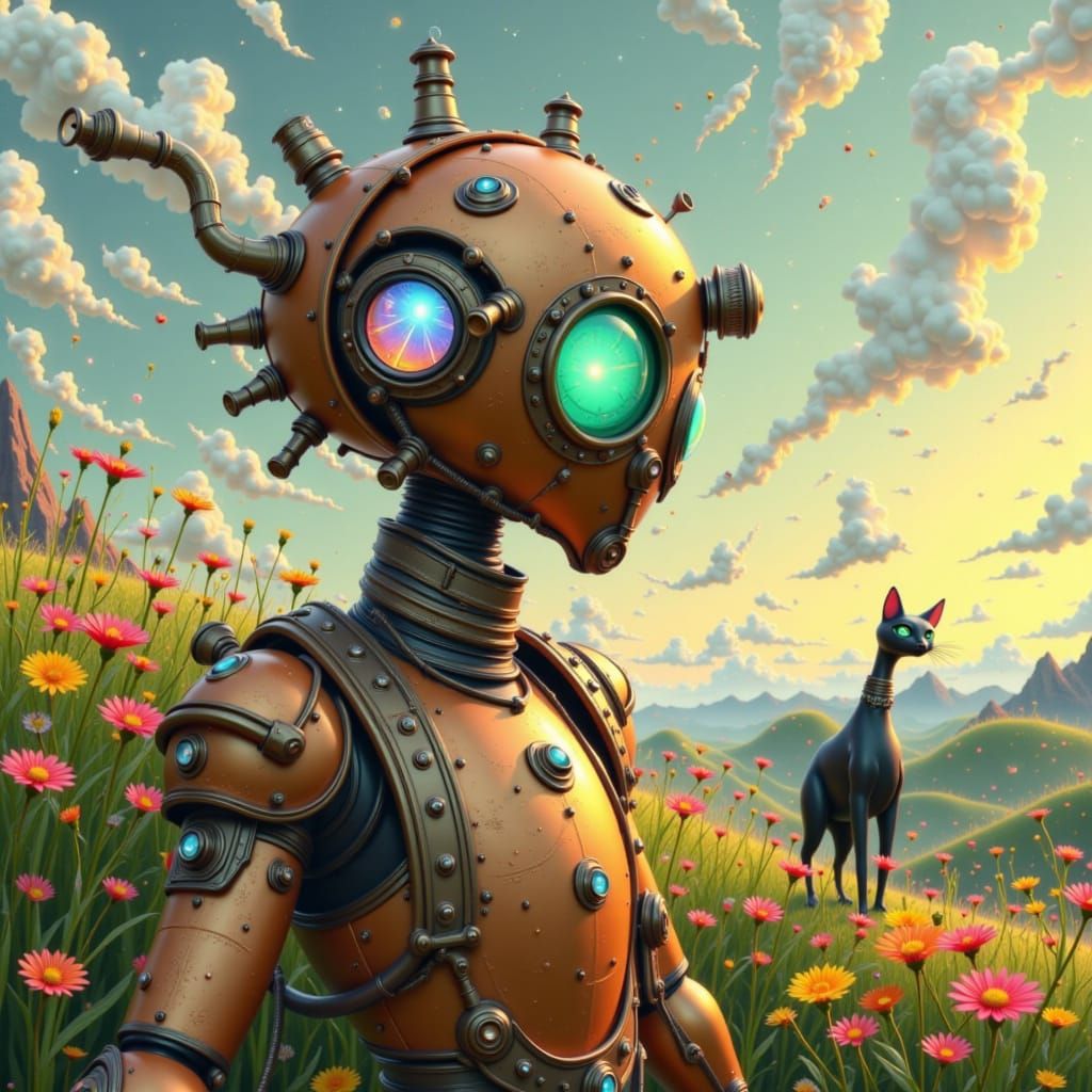 Steampunk Robot in Surreal Landscape as Digital Art