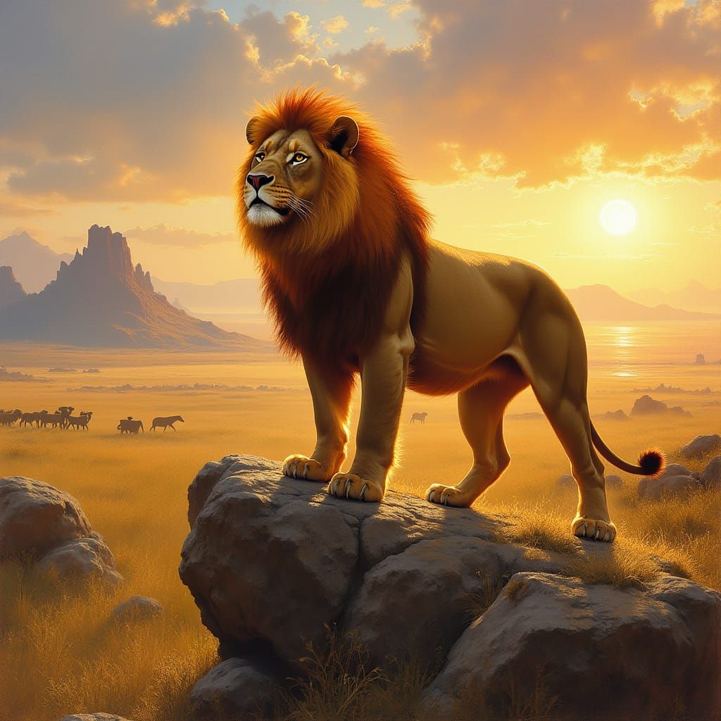 Lion with Blazing Mane Overlooking Savannah in Romantic Styl...