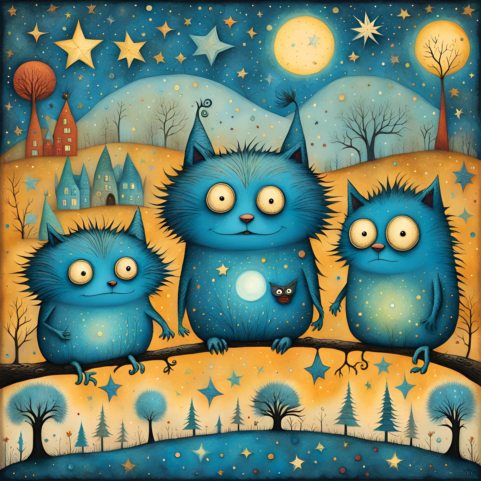 Whimsical Monsters with Luminescent Eyes in Storybook Style