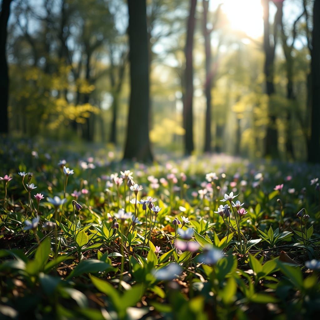 Vibrant Spring Forest Floor Illuminated by Sunlight