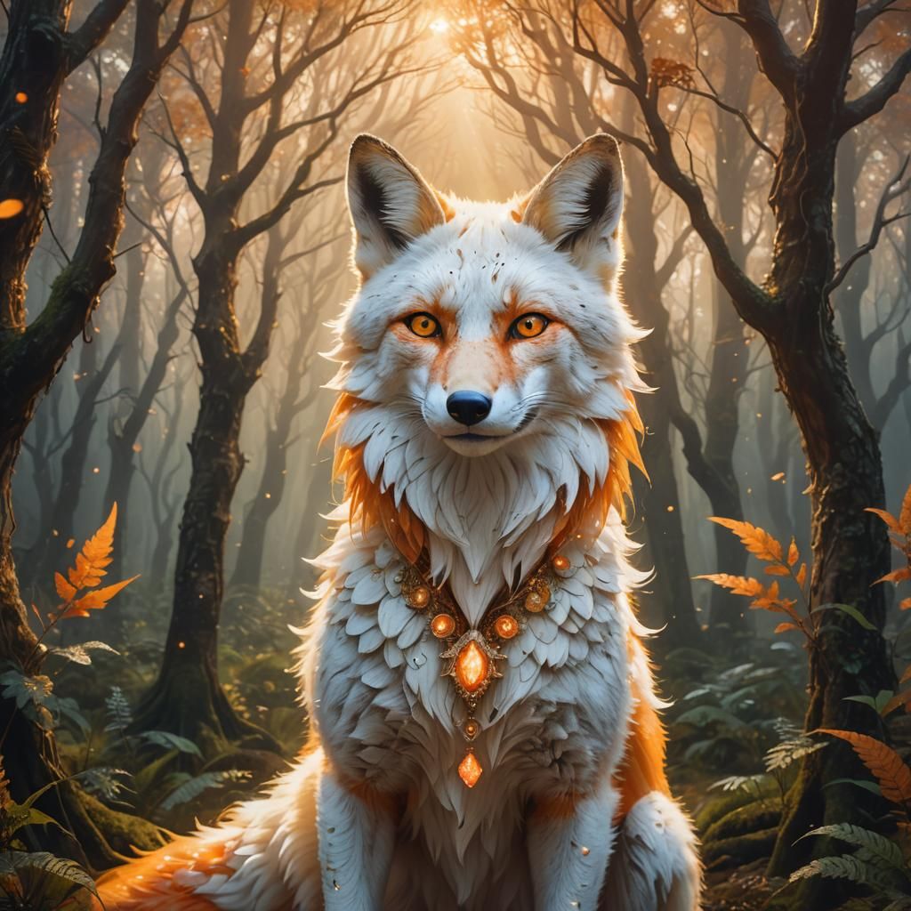 Mystical White and Orange Fox Portrait in Fantasy Art