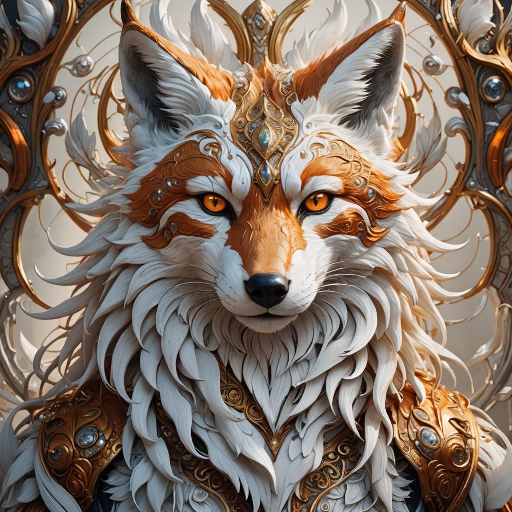 Intricate White and Orange Fox Portrait in Art Nouveau Style