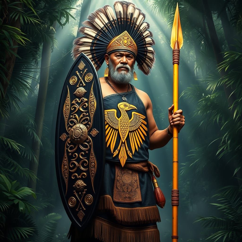 Tropical Dayak Warrior in Traditional Attire with Shield and...